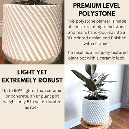 Fox & Fern 8 Inch Plant Pot with Drainage Plug — Premium Polystone White Plant Pot; Modern Planter with 3D Texture and Ceramic Finish; 8 Inch Pots for Plants Indoor & Outdoor; Lightweight