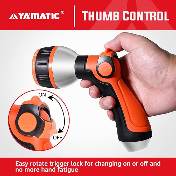 YAMATIC Garden Hose Nozzle, 10 Adjustable Spray Nozzle, Heavy Duty Water Hose Nozzle with THUMB CONTROL ON OFF VALVE for Watering Plants,Lawn Washing Cars,Cleaning,Showering Pets & Outdoor Fun