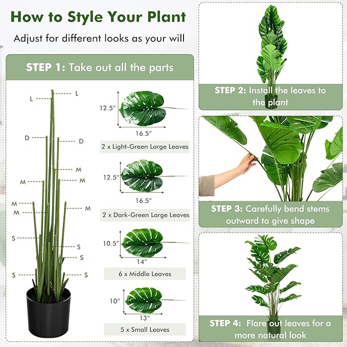 Goplus Artificial Monstera Deliciosa Plant, 5ft Tall Fake Tropical Palm Tree w/15 Pcs Different Turtle Leaves, Cement-Filled Plastic Pot, Faux Swiss Cheese Plant for Floor Home Office Decor, 2- Pack
