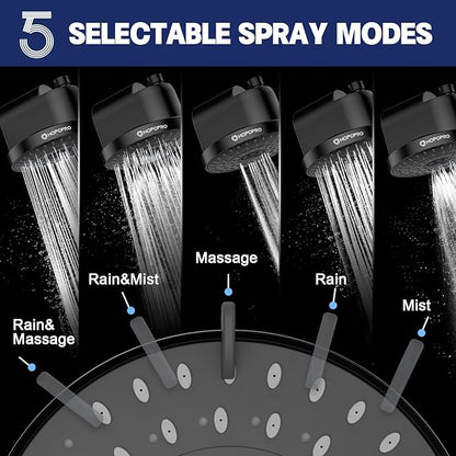 High Flow Filtered Shower Head, HOPOPRO 5 Modes High Pressure Fixed Showerhead with Filter, 2-In-1 Shower Head Filter for Hard Water, Remove 99% Chlorine, Improves Skin Hair Condition (6 Inch Black)