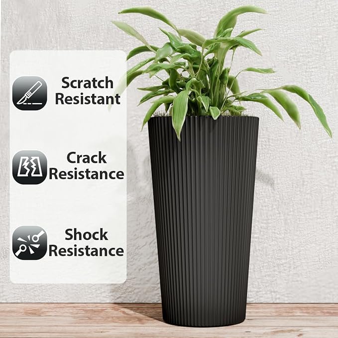Tall Outdoor Planter Set of 2-23.6" Large Striped Plastic Flower Pots, Decorative Indoor/Outdoor Planters for Porch, Patio, Balcony & Garden, Black
