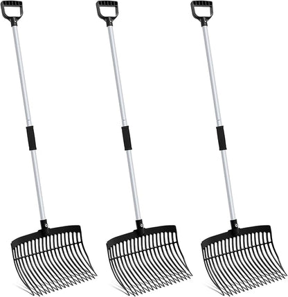 Lasnten 3 Sets Black Manure Fork with Long Metal Handle Pitch Fork Manure Rake Heavy Duty Muck Rake for Gardening Horse Stall Stable Grass Hay Cleaning Farm Work(D Shaped Grip)