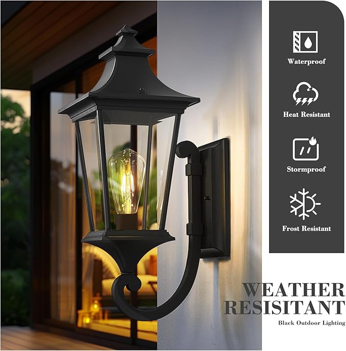 Emliviar Stylish Exterior Light, 21.1 Inch Exterior Wall Sconce with Clear Glass Shade, Black Finish, XE292UB-M BK