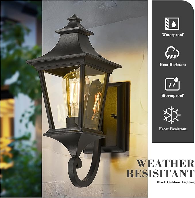 Emliviar 2 Pack Outdoor Sconces Wall Lighting, 15 Inch Modern Outdoor Wall Light with Clear Glass, Black Finish, XE292UB-2PK BK