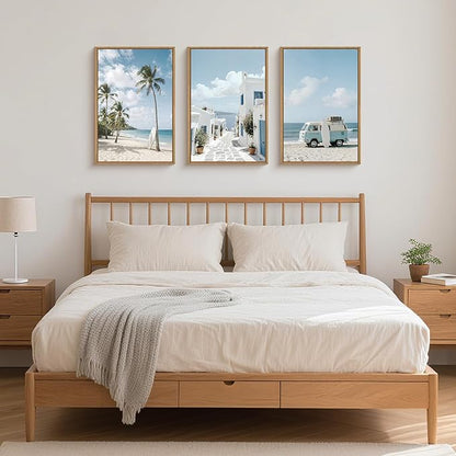 Large Summer Coastal Framed Canvas Wall Art Set,Modern Beach Surfboard Wall Decor,Seaside Palm Tree Art Prints,Vintage Blue Van Artwork for Living Room,Bedroom,Office -16"x24"x3