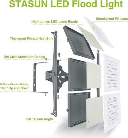 STASUN LED Flood Light Outdoor, Max Series 750W 75000lm 6000K Daylight IP66 Waterproof, Commercial Parking Lot Light,3 Heads for Yard Street Stadium House Floodlight Security Lights for Outdoor Area