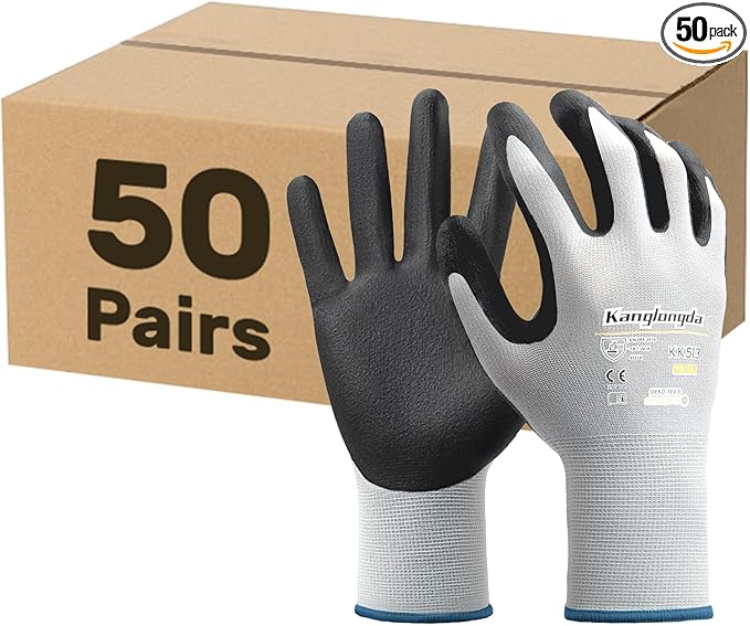 Kebada 50-Paris XL Work Gloves for Men and Women, Nitrile Coated Safety Protective Gloves with Grip, Ideal for Warehouse, Delivery, Light Duty Construction Work