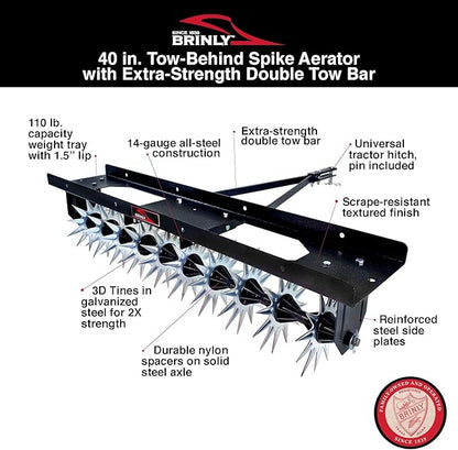 Brinly SA2-40BH-P Tow Behind Spike Aerator with Double Tow Bar, 40" - Textured Black