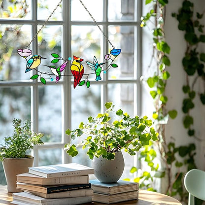 Stained Glass Window Hanging, Birds on A Branch Stained Glass Suncatcher Cardinal Hummingbird Kingfisher Glass Panel Sun Catchers for Indoor Windows Hanging Home Decor,Gifts for Women,Bird Lover