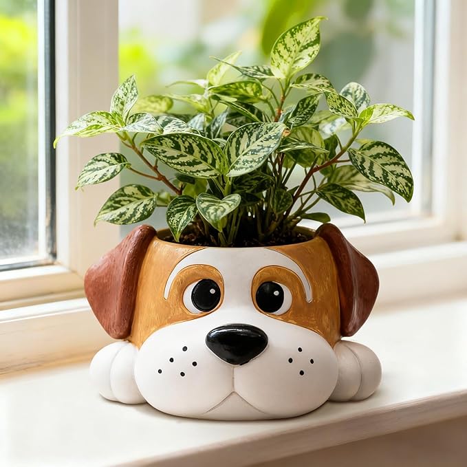 Dog Resin Planter Pot - Funny Animal Plant Pots for Home Office Decor, Cute Flower Pot with Drainage Hole for Indoor Outdoor Plants, Unique Succulent Pots Gift IdeaI for Plant Lovers