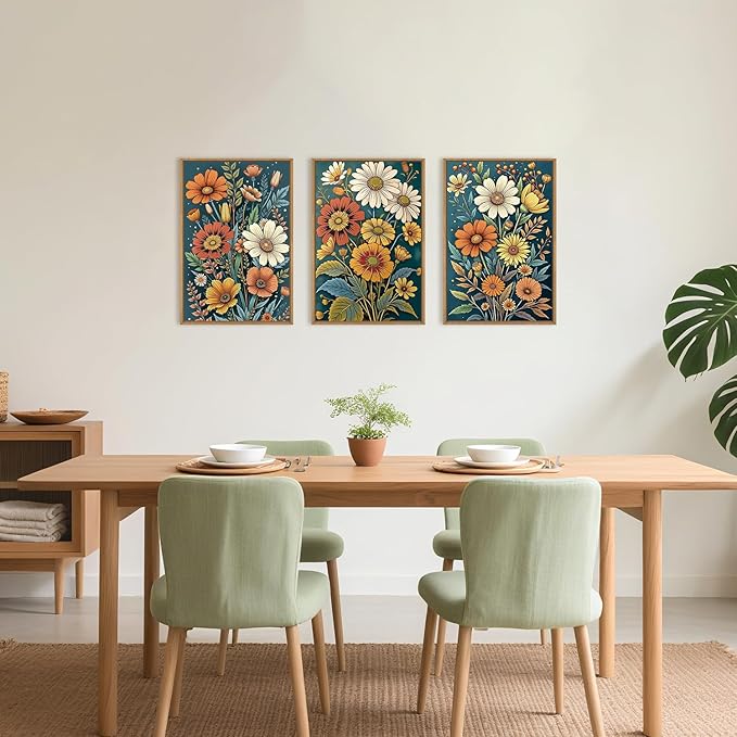 HOURIA Boho Vintage Floral Framed Canvas Wall Art Set,Nordic Retro Colorful Wildflower & Green Leaves Wall Decor,Abstract Vibrant Bouquet Botanical Artwork for Living Room, Bedroom,Farmhouse-24"x36"x3