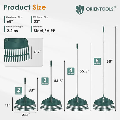 ORIENTOOLS 69" Adjustable Leaf Rake with 5-Section Handle, 26-Tine Durable Plastic Head, Dual-Use Design Converts to Leaf Scoops, Lightweight Yard Rake for Lawns, Grass, Shrubs & Garden Cleanup
