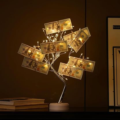 Money Tree Gift Card Holder 108 LEDs Lighted Fairy Light Spirit Trees Battery/USB Powered Light Up Display Tree with 22 Clear Clips for Photo, Cash,Card, Memo,Home Decor