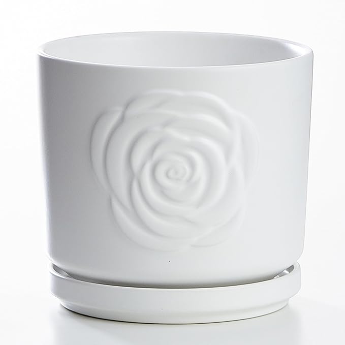 Ekirlin 7 Inch Indoor Plant Pots, White Ceramic Flower Planters, Modern Style Succulents Containers with Drain Hole & Saucer Tray, Weatherproof Pot for Decorate Home,Office & Outdoor (Rose Design)