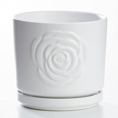 Ekirlin 7 Inch Indoor Plant Pots, White Ceramic Flower Planters, Modern Style Succulents Containers with Drain Hole & Saucer Tray, Weatherproof Pot for Decorate Home,Office & Outdoor (Rose Design)