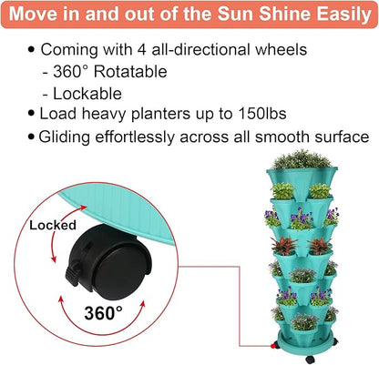 GameXcel Vertical Planter 7 Tier Stackable Planters Garden Planters Strawberry Herb Flower and Vegetable Planter Indoor Outdoor Gardening Pots with Removable Wheels and Tools