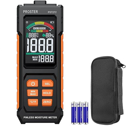 Proster Pinless Moisture Meter with Alarm - Non-Destructive Wood Moisture Tester for Walls, Flooring, Lumber | 20mm Depth, VA Color Screen, Acoustic Alert, 4 Modes (Drywall, Mortar, Hard/Softwood)