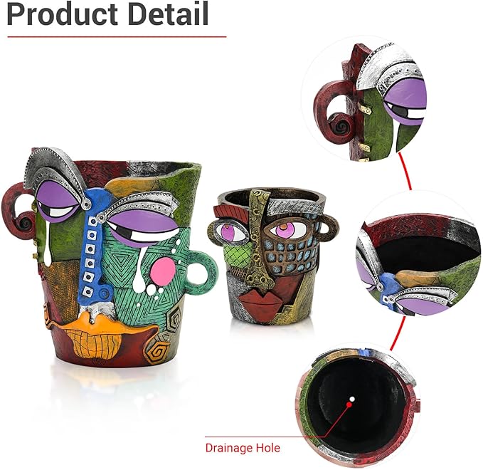 Abstract Face Planters Pots - Whimsical Hand-Painted Ceramic Face Pot for Succulents, Unique Planters for Indoor Garden Decor, Artistic Home & Office Desk Decoration（1small& 1 Big）