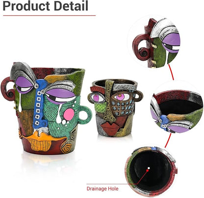 Abstract Face Planters Pots - Whimsical Hand-Painted Ceramic Face Pot for Succulents, Unique Planters for Indoor Garden Decor, Artistic Home & Office Desk Decoration（1small& 1 Big）
