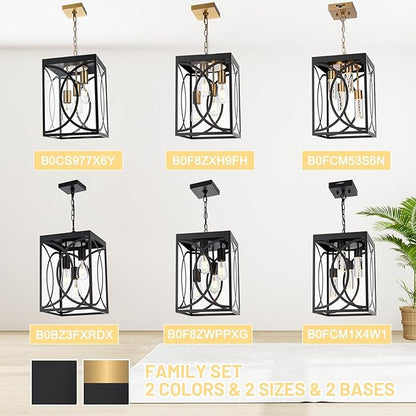 4-Lights Large Outdoor Pendant Light Fixture, E26 Bulb Base Porch Hanging Lighting in Black & Brushed Brass, Modern Exterior Lantern Chandelier Ceiling Mount for Patio Front Door