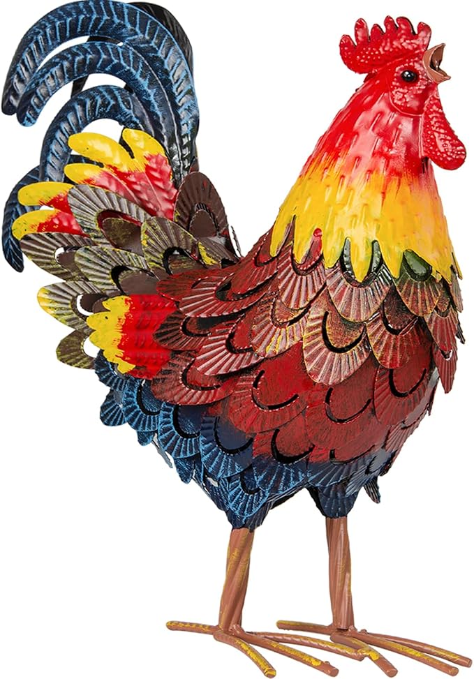 Metal Rooster Statues, Garden Chicken Decorations, Outdoor Chicken Sculptures, Metal Yard Rooster Artwork for Yard Farm Patio Lawn Porch Kitchen Decoration (Red)