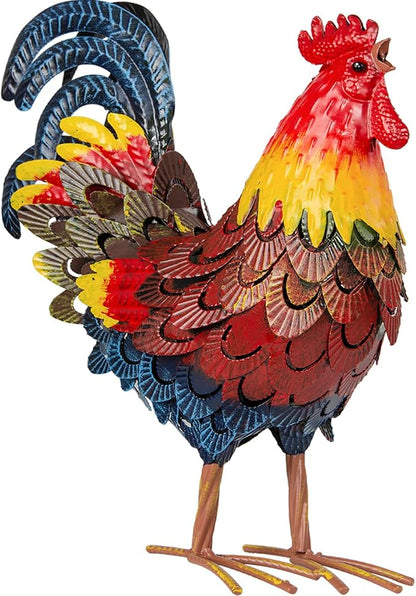 Metal Rooster Statues, Garden Chicken Decorations, Outdoor Chicken Sculptures, Metal Yard Rooster Artwork for Yard Farm Patio Lawn Porch Kitchen Decoration (Red)