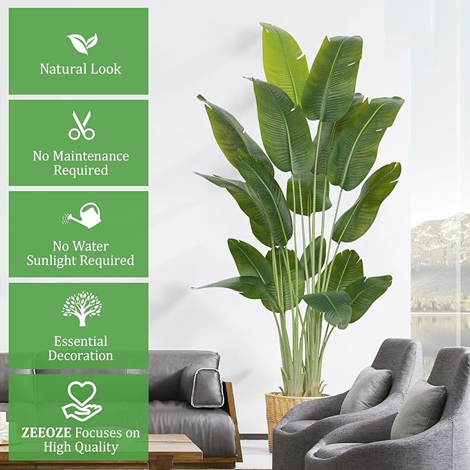 Artificial Bird of Paradise Plant 7.5Ft Tall Fake Tropical Palm Tree Large Fake Plants with 18 Silk Banana Leaves Faux Plant Indoor Decor Trees White Pot for Home Bedroom Living Room Office 2pcs