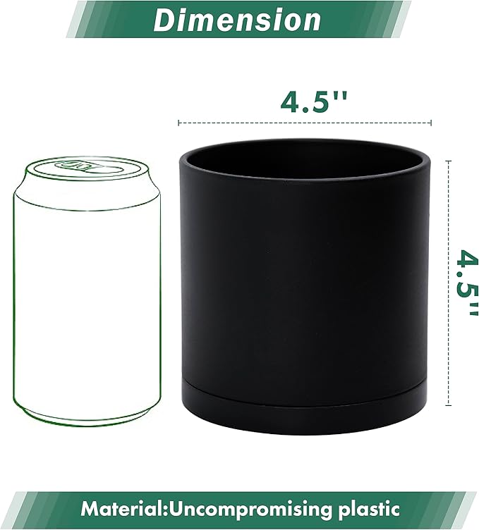 D'vine Dev 4 Pack 4.5 Inch Modern Plastic Plant Pots, Small Garden Planters for Plant with Drainage Holes and Saucers, Black Color, 74-Y-F-2