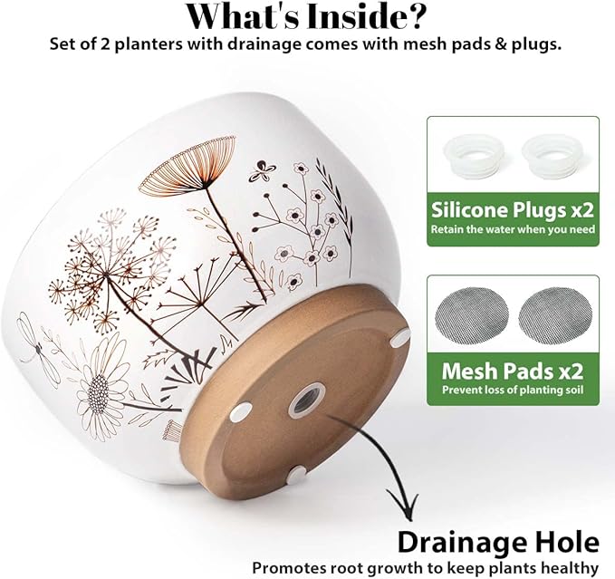 YBX 8 Inch + 6 Inch Ceramic Plant Pots, Succulent Flower Pots with Drainage Holes, Terracotta Planters for Indoor Plants, White&Terracotta (Garden)