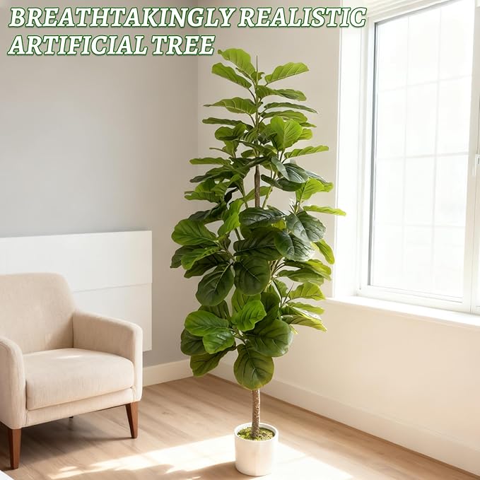 6ft Artificial Fiddle Leaf Fig Tree with 96 Fiddle Leaves, Fake Ficus Trees Indoor with Plastic Nursery Pot, Faux Ficus Lyrata Plant with Fake Moss, adorning The Living Room, Bedroom, and Office