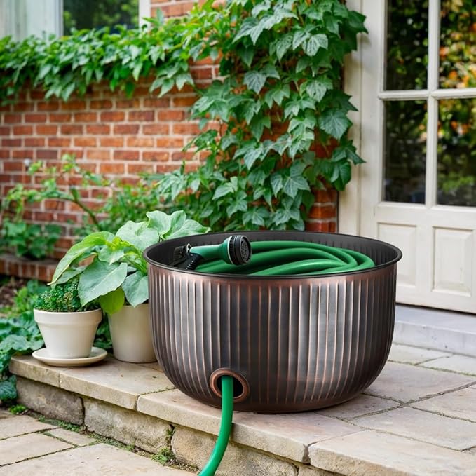 Monarch Abode Garden Hose Holder with Lid – Decorative Water Hose Holders for Outside, Ridge Embossed Metal Antique Copper Pot with Drainage, 100ft Waterhose Holder for Outside, Garden Storage Caddy