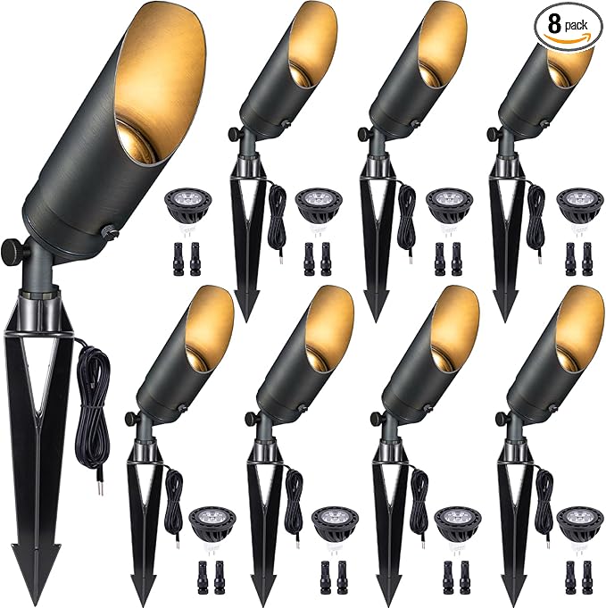 Gardenreet Brass Spot Light Low Voltage - Outdoor Landscape Spotlights, 12V Landscaping LED Uplights, Hard-Wired All Weather Bronze for Backyard Lawn with Cold White Changeable Bulbs (8 Pack)