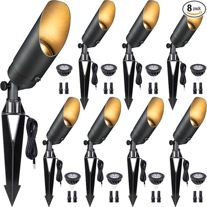 Gardenreet Brass Spot Light Low Voltage - Outdoor Landscape Spotlights, 12V Landscaping LED Uplights, Hard-Wired All Weather Bronze for Backyard Lawn with Cold White Changeable Bulbs (8 Pack)
