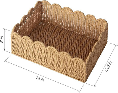 Scalloped Basket, Wicker Storage Baskets, Hand Woven Baskets for Shelves,Natural Baskets for Organizing (S+M)