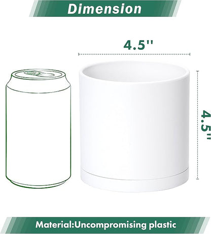 D'vine Dev 6 Pack 4.5 Inch Modern Plastic Plant Pots, Small Garden Planters for Plant with Drainage Holes and Saucers, White Color, 74-Z-F-3