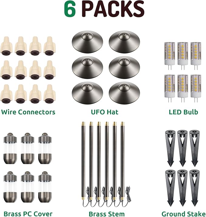 DOSHINE® Solid Brass Low Voltage Landscape Lighting Pathway Lights (9" Shade, 22" Tall) with Replaceable 3W G4 LED Bulb 3000K AC/DC 12V and Ground Stake for Outdoor Walkway Driveway (UFO, 6-Pack)