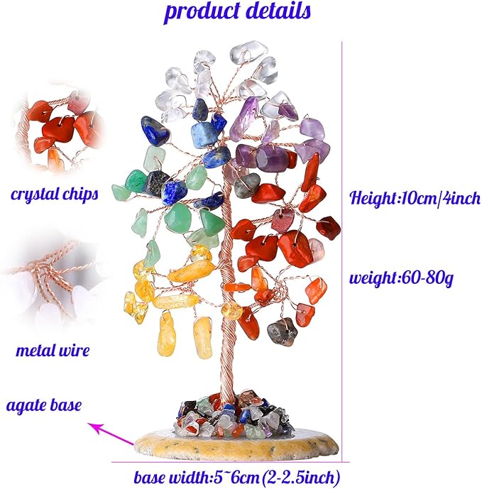 7 Chakra Healing Crystal Tree of Life Natural Gemstone Agate Slice Base Copper Wire Wrapped Money Trees Feng Shui Reiki Spiritual Energy Decorations Home Office Room Desk Decor Gifts for Women Men