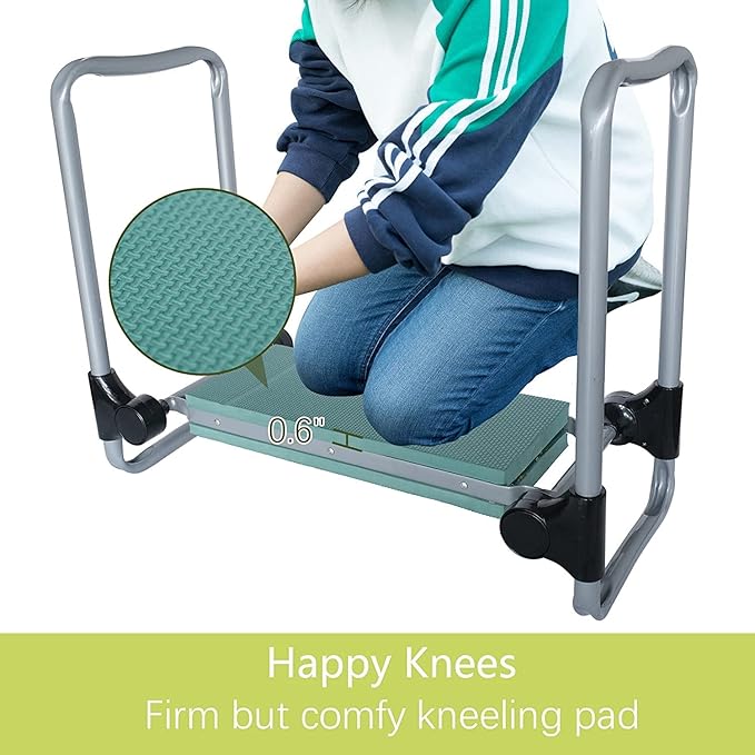 LUCKYERMORE Garden Kneeler and Seat, Button Press Kneeling Bench with Tool Pouch and EVA Foam Pad, Foldable Gardening Stool, Gardening Gifts for Parents Seniors, Lightweight & Heavy Duty
