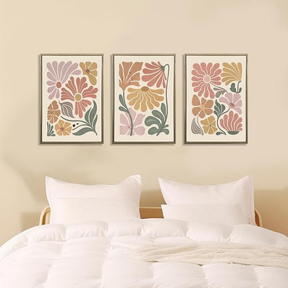 WRFON Boho Abstract Floral Canvas Wall Art, Flower Market Poster Prints, Minimalist Vibrant Botanical Aesthetic Pictures, Modern Nature Plant Wall Decor for Living Room Bedroom Framed 16"x24"x3