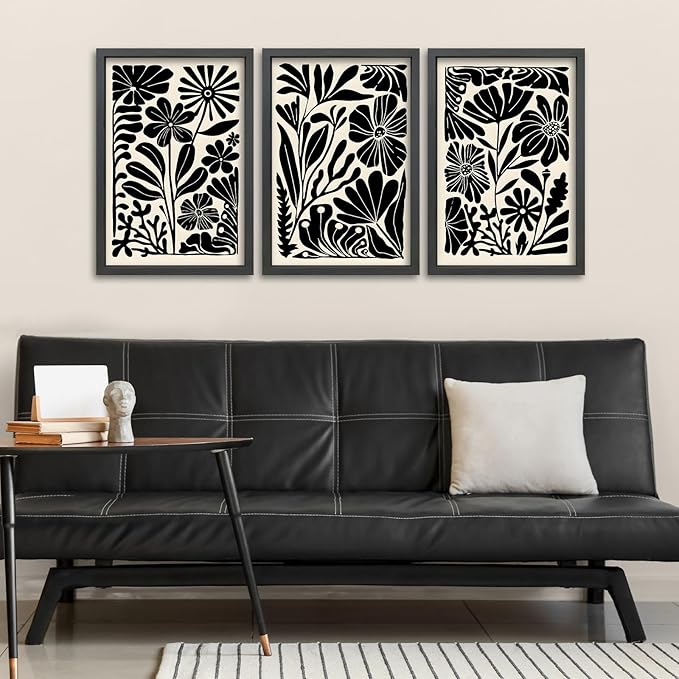 TQianJiang Flower Plant Sign Wall Decor 16"X11" Set of 3 Black And White Botanical Painting Wood Framed for Bedroom Abstract Wildflower Hanging Art (Black)