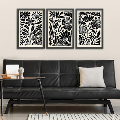 TQianJiang Flower Plant Sign Wall Decor 24"x16" Set of 3 Black And White Botanical Painting Wood Framed for Bedroom Abstract Wildflower Hanging Art (Black)