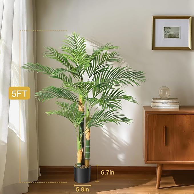 GarveeHome 2 PCS Artificial Palm Tree, 5FT Faux Plants Indoor with 15 Trunks - Faux Tropical Areca Floor Plant in Pot - Artificial Silk Plant for Indoor Outdoor Home Garden Patio Office Décor