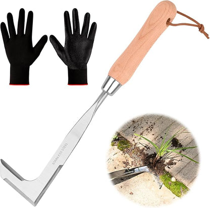 3-Sided Crevice Weeder - 12.6" Stainless Steel Garden Weeding Tool with Beech Handle, L-Shaped Crevice Weeder Sickle for Garden Lawn, Yard Patio Terrace, Paving Gaps