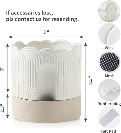 Nihow Self Watering Plant Pot for Indoor Plants : 6 Inch & 8 Inch Ceramic Planter with Drainage Hole & Water Storage - Relief Design Beige & Nature Flower Pot -Set of 2