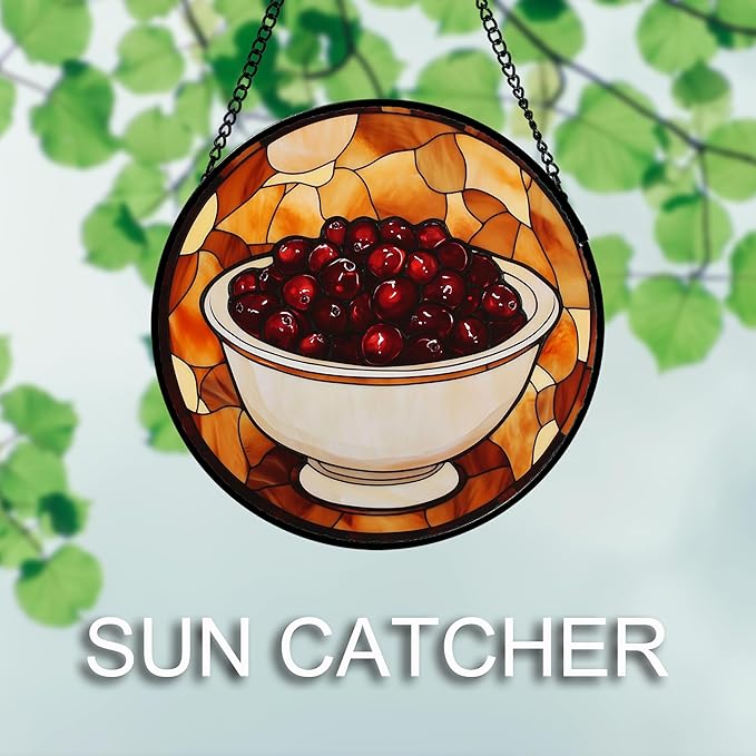 Stained Glass Window Hanging 4 Pcs Set Brown Turkey Berry Corn 7.8" - Suncatcher Door Garden Sun Catcher Decor Birthday Thanksgiving Mother's Day for Mom Woman Nana Men