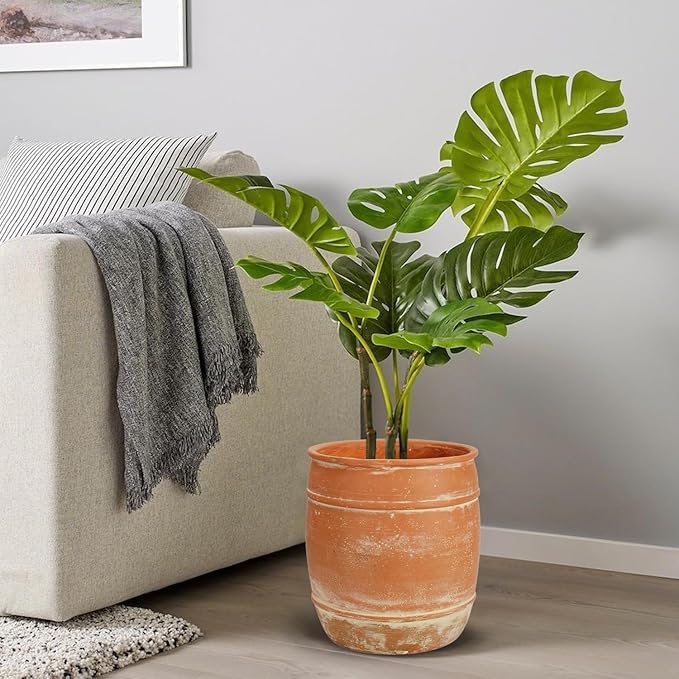 11" Tall x 9.5" Wide Aged Terracotta Clay Planter Pot - Heavy-Duty Concrete-Like Durability, Clay Soil-Friendly Drainage Hole, Rustic Garden Flower Pot for Indoor/Outdoor Use, Succulents, Herbs, Trees