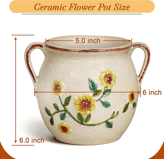 BUYMAX 6 Inch Vintage Ceramic Flower Pot with Relief Design & Handles, Indoor Plant Planter with Drainage Hole, Home Garden Decor for Living Room, Gift Ideas