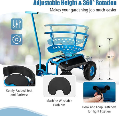 Goplus Rolling Garden Seat with Wheels, Outdoor Garden Cart with 360° Swivel Seat & Tool Storage, 2 Steering Handles, Gardening Stool Wagon Scooter, Lawn, Patio Gardening Workseat for Seniors