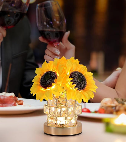 Sunflowers Flower Lamp,Rechargeable Cordless Touch Lamp,3-Colour Infinitely Dimming Small Night Light,Crystal Table Lamp,Christmas/Mother's Day/Birthday Gifts for Women,Home Decor.