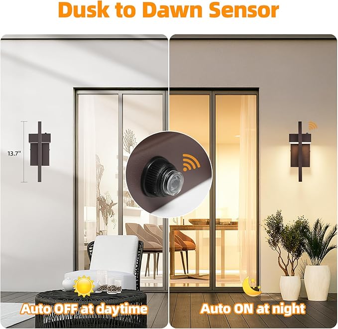 tewei LED Outdoor Wall Sconce Dusk to Dawn Outdoor Lighting, Modern Exterior Lighting Fixtures, Brown LED Front Porch Lights Outside Wall Mount Lights for House, Hallway, Warm White 3000K, 2 Pack